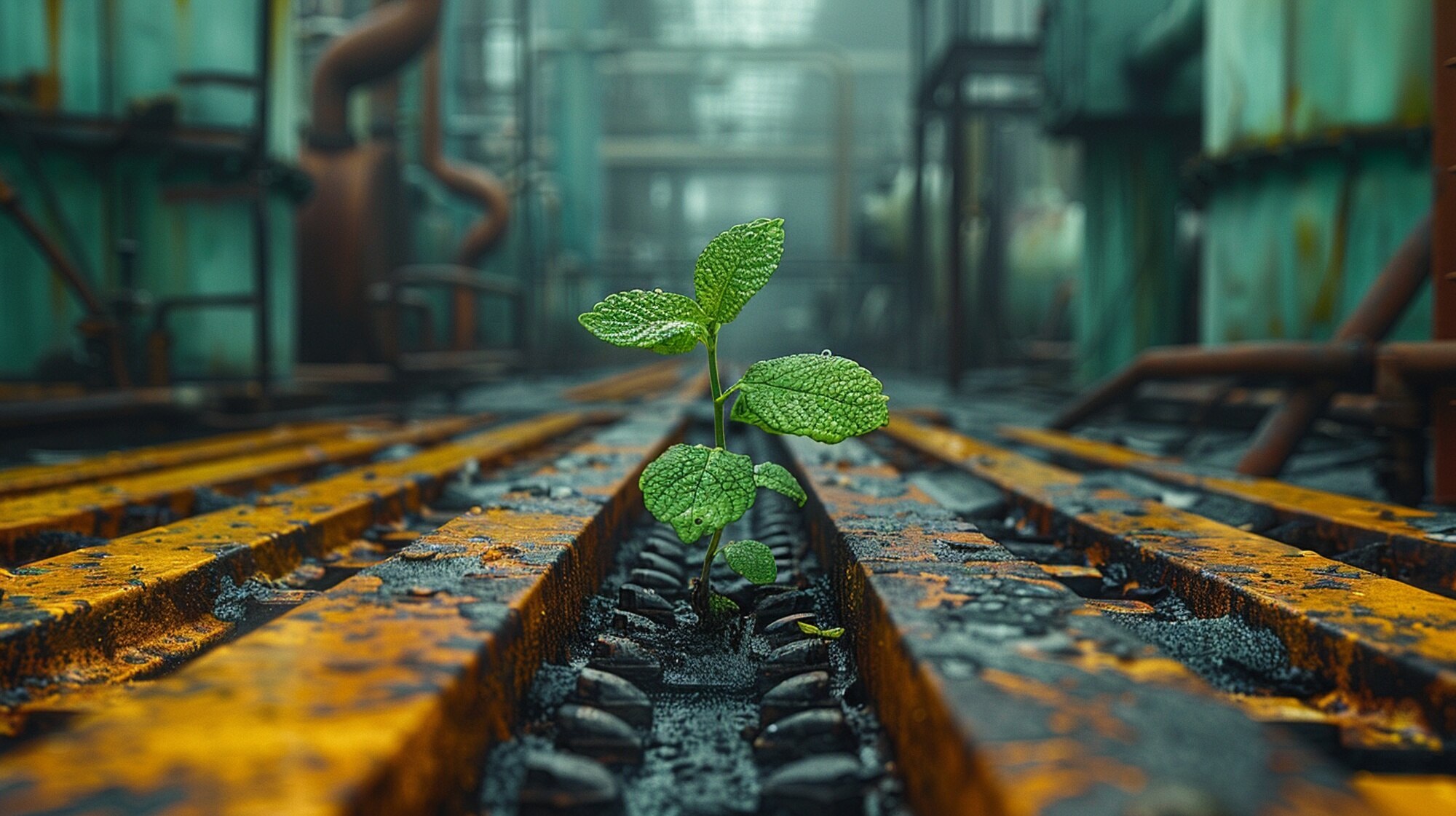 Broto verde surgindo entre estruturas metálicas em uma fábrica, simbolizando a sustentabilidade na fundição de precisão e o equilíbrio entre tecnologia e meio ambiente.
