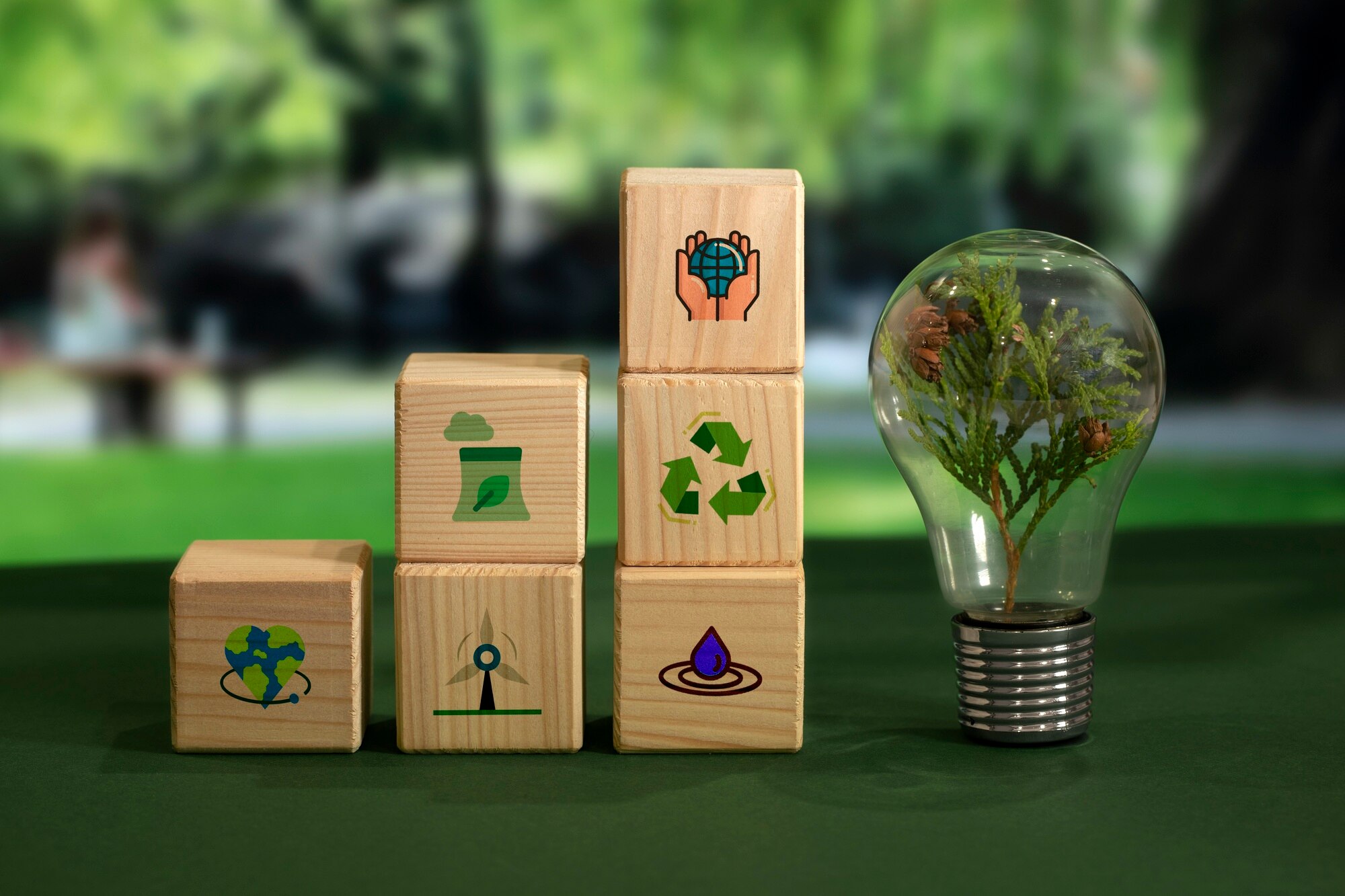 Blocos de madeira com símbolos de reciclagem e energia ao lado de lâmpada com planta, representando a sustentabilidade na fundição de precisão da Precicast.