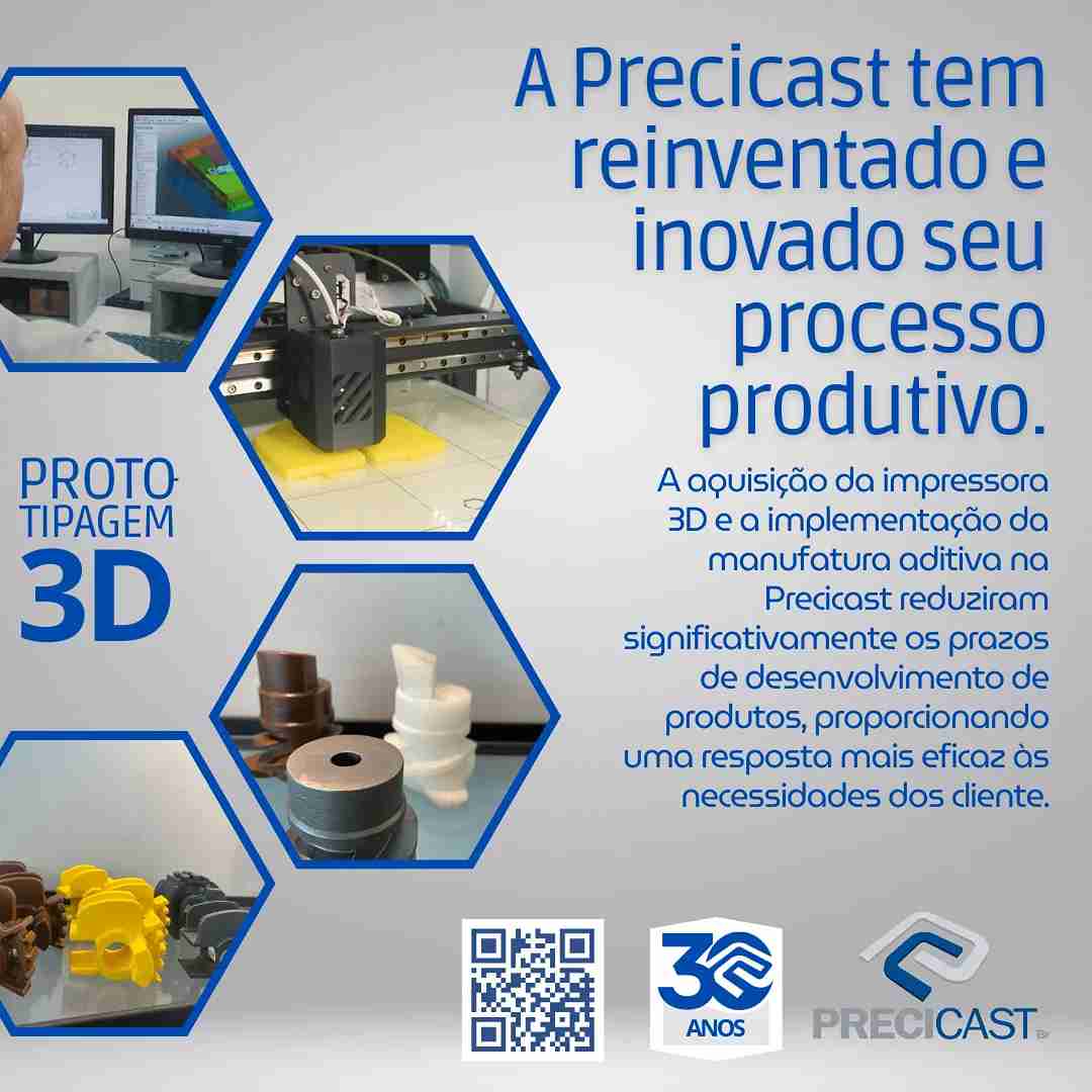 Banner da Precicast Br sobre prototipagem 3D na microfusão, com fotos de impressora 3D e padrões impressos, destacando inovação e redução de prazos de desenvolvimento.