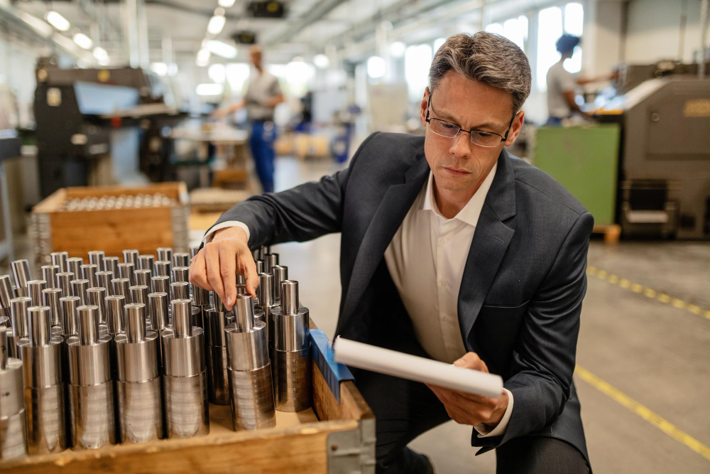 Engenheiro inspecionando peças metálicas em ambiente industrial, evidenciando controle de qualidade em um processo de fundição certificada.